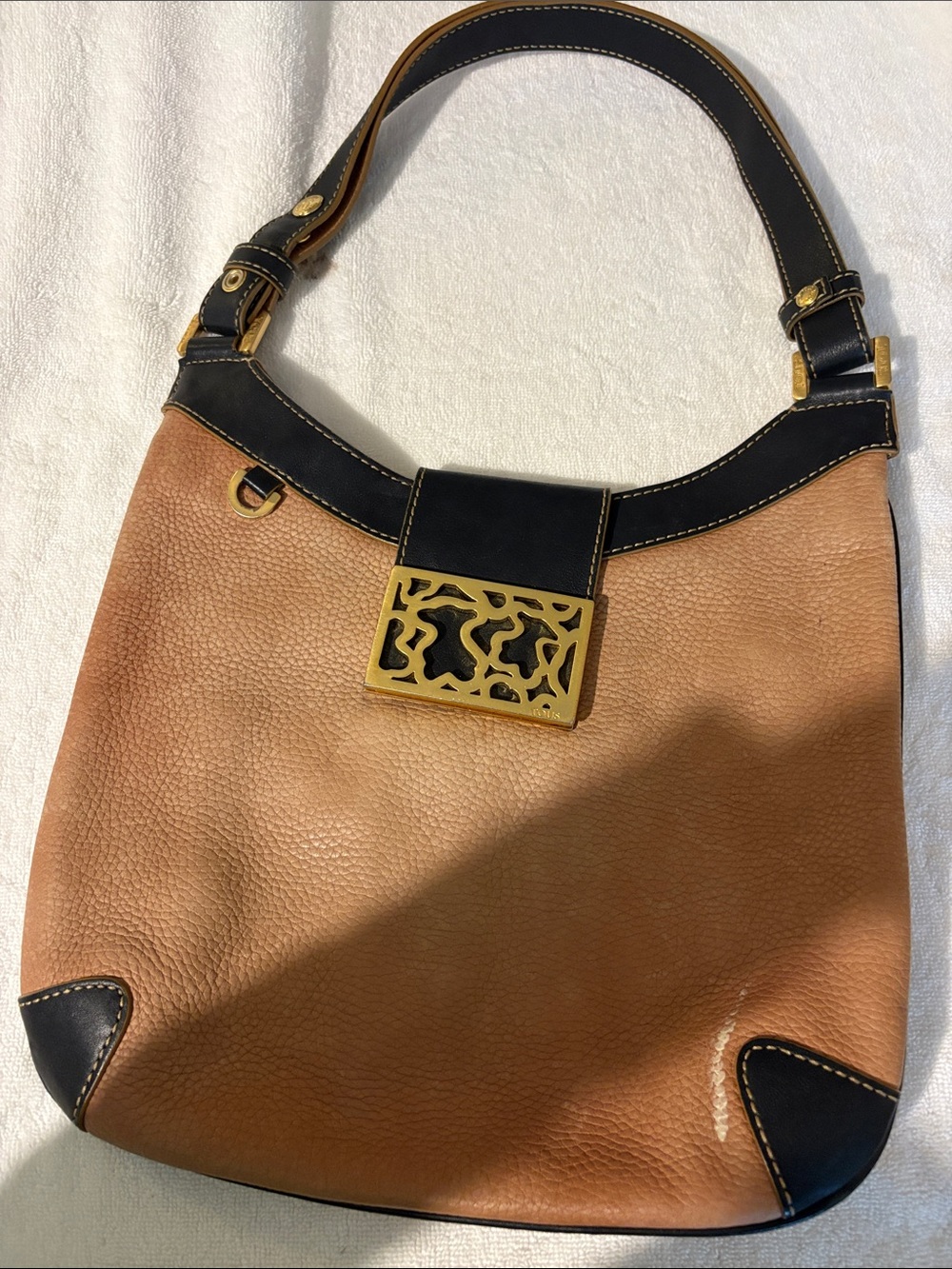 Women's Two-Tone Tan and Black Leather Hobo Bag with Gold Accents